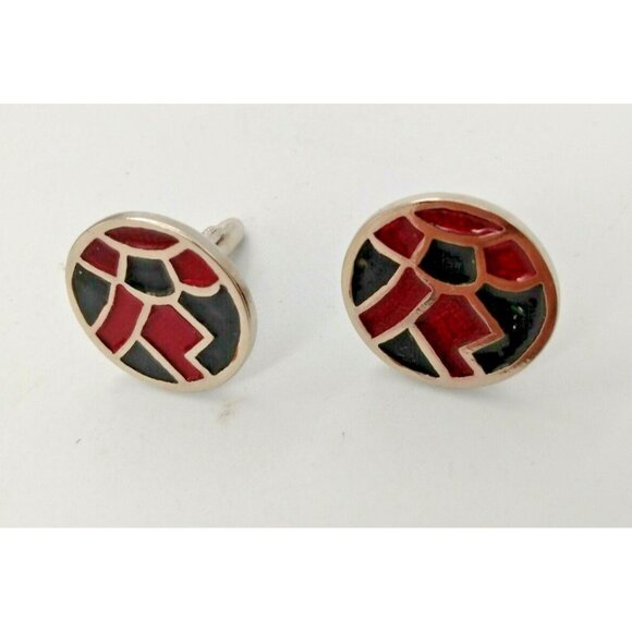 Vintage Men's Round Cuff-links  Silvertone Red & Green Enamel - Picture 3 of 7